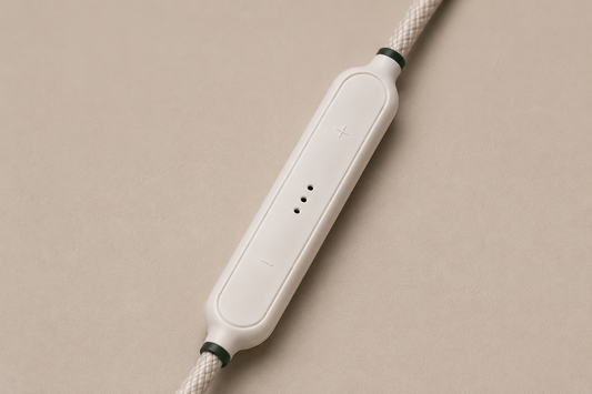 White inline microphone with a braided cable on a beige background