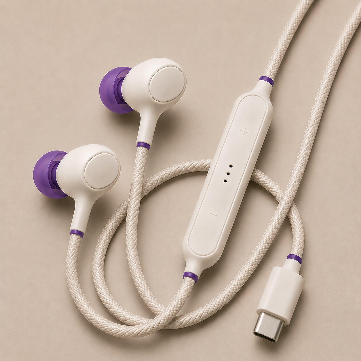 White earbuds with purple accents on a beige background