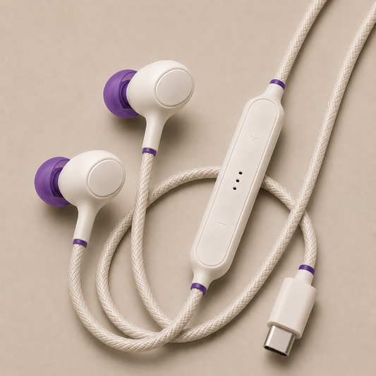White earbuds with purple accents on a beige background