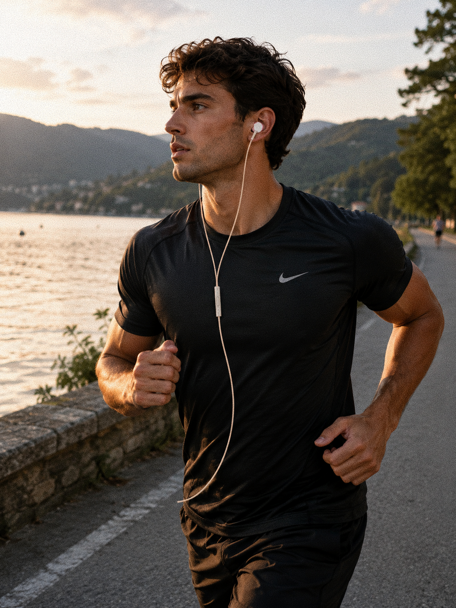 Man running outdoors while wearing wired AUDR earphones
