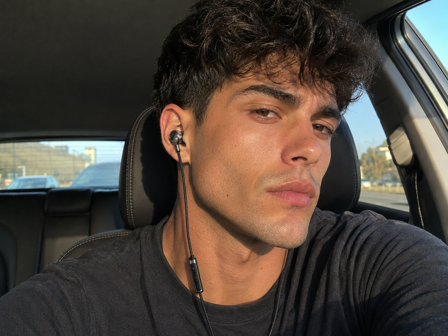 Man wearing black wired AUDR earphones in a car