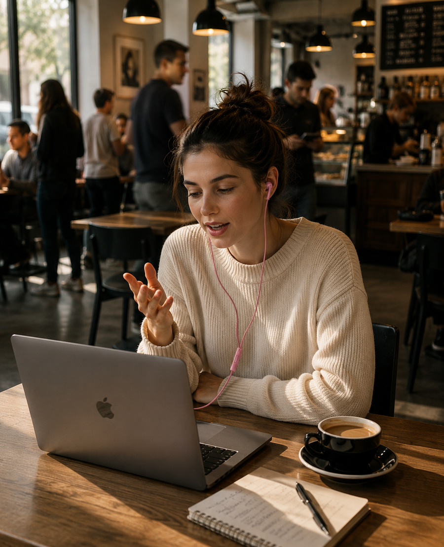 Woman on a laptop call in a cafe wearing pink wired AUDR earphones