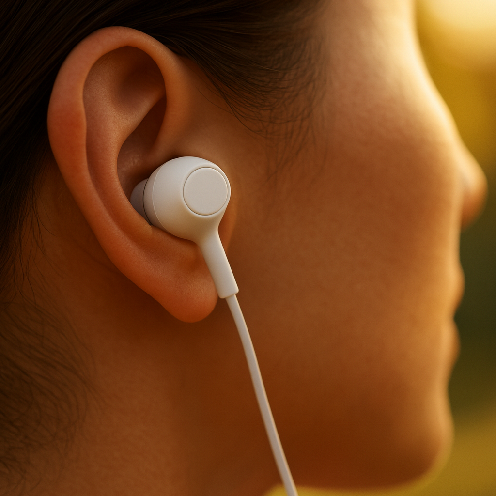 Close-up of the AUDR wired USB-C earbud cable and housing